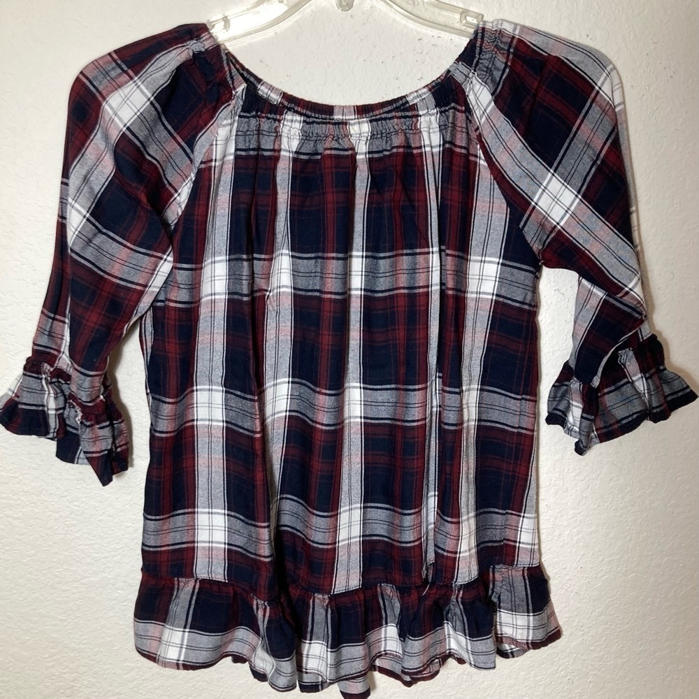 For the Republic Ruffle Half Sleeve Blouse Shirt Plaid XS